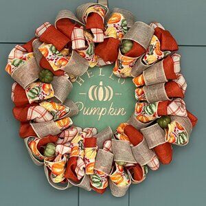 Handmade 24” Fall Wreath | Rustic Burlap Ribbon Autumn Door Decor